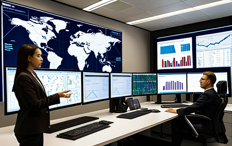**
A diverse team collaborating in a modern logistics control center, displaying real-time data on a large screen showcasing global shipping routes, warehouse management systems (WMS), and transportation management systems (TMS). Include elements like blockchain technology visuals, agile workflow charts, and a focus on efficient supply chain optimization. The scene should convey technological advancement and collaborative problem-solving within a multicultural setting.
**
